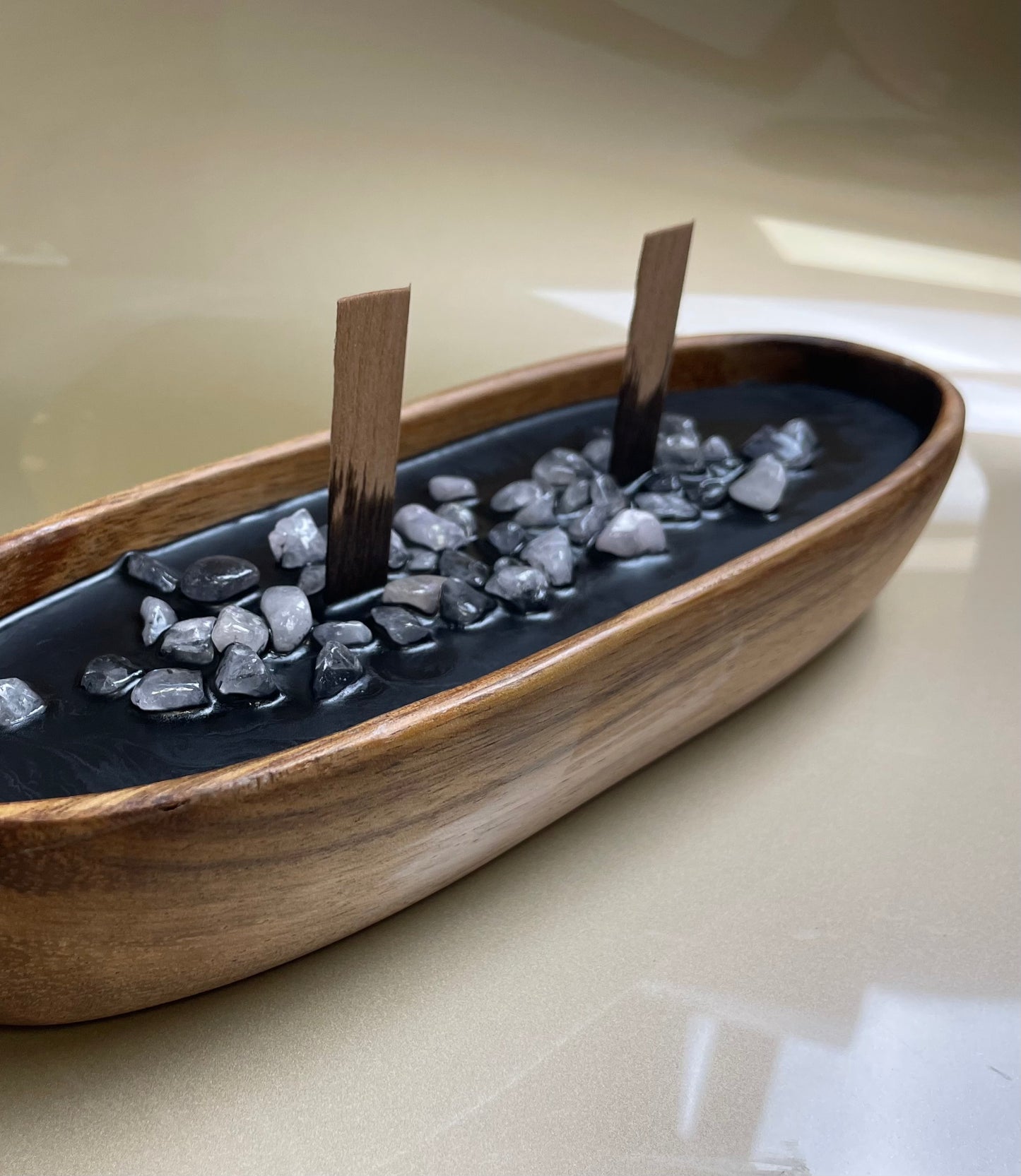 Black wax boat Candle with Real Royal Quartz