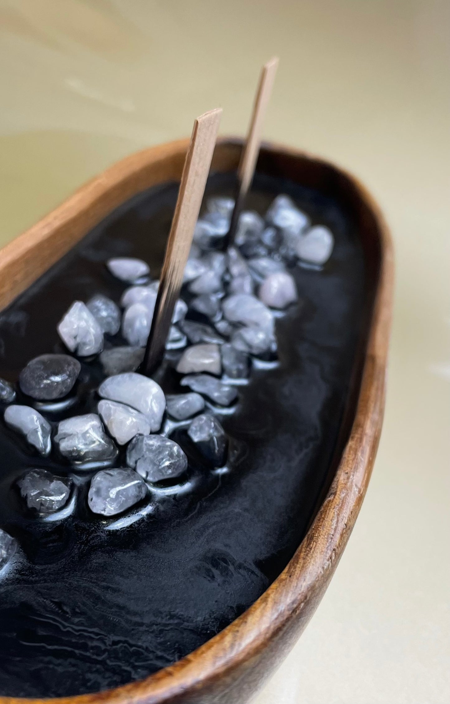 Black wax boat Candle with Real Royal Quartz