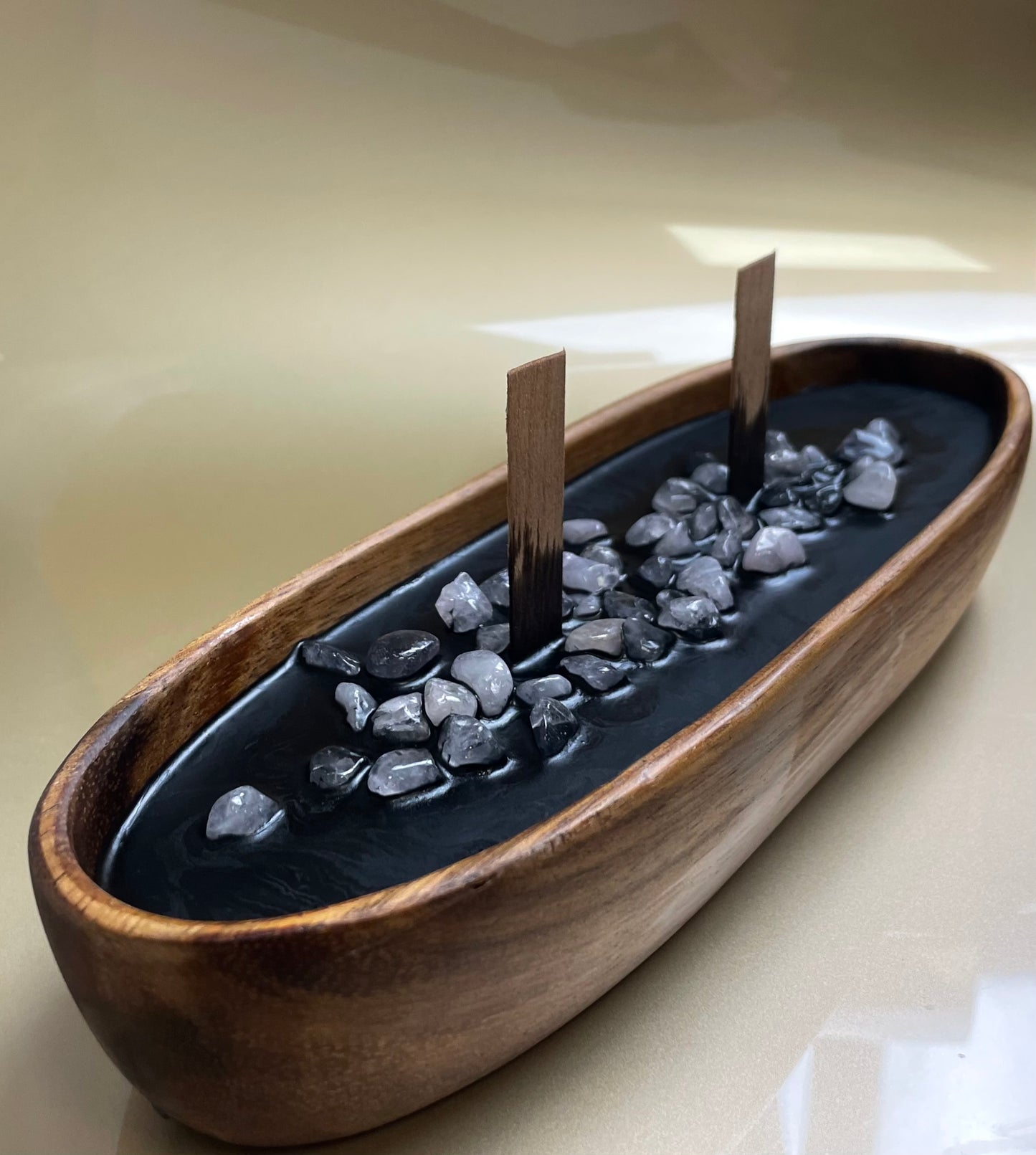 Black wax boat Candle with Real Royal Quartz