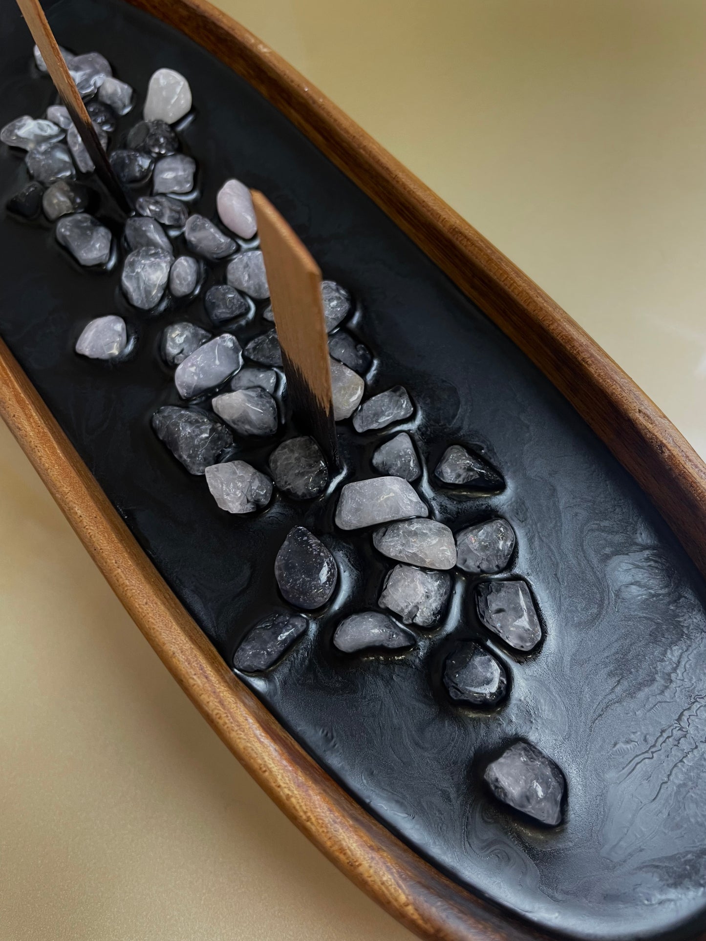 Black wax boat Candle with Real Royal Quartz