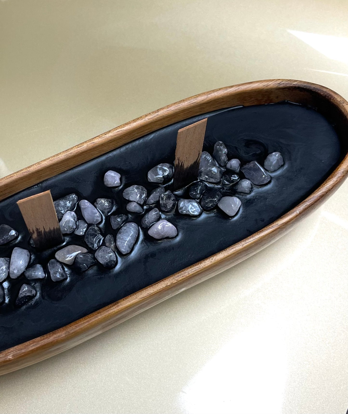 Black wax boat Candle with Real Royal Quartz