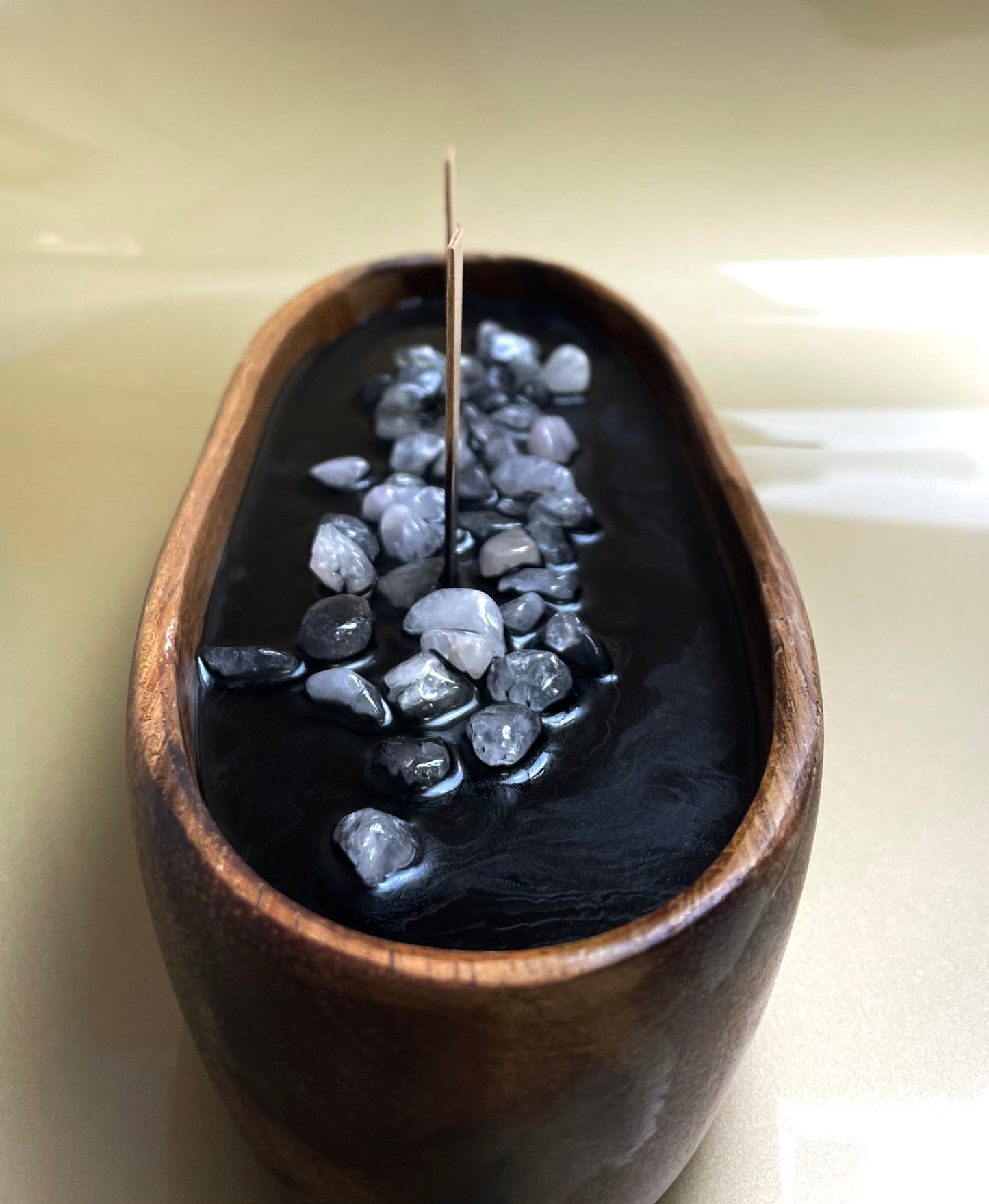 Black wax boat Candle with Real Royal Quartz